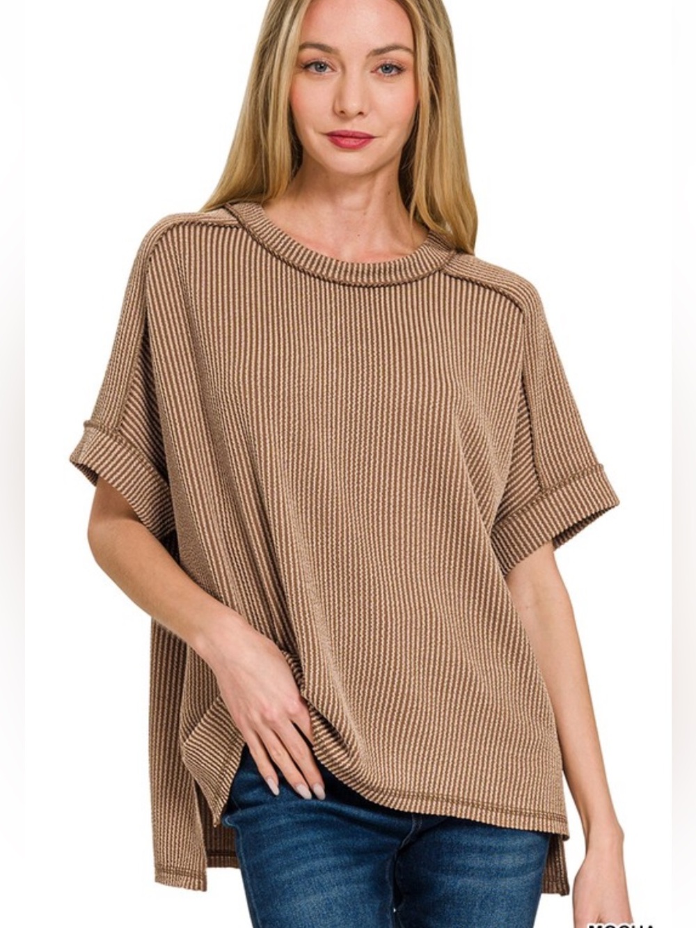 Zenana Women's Raised Rib Cuff Sleeve Raw Edge Top - Mocha